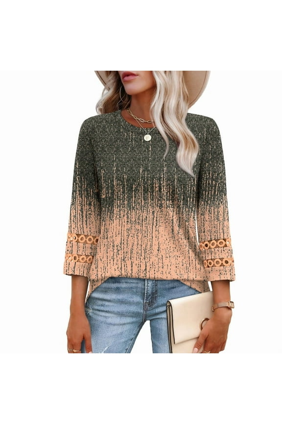 Womens 3/4 Sleeve Tops Ladies Blouses Crew Neck T Shirts for Women Loose Fit Tunic Tops