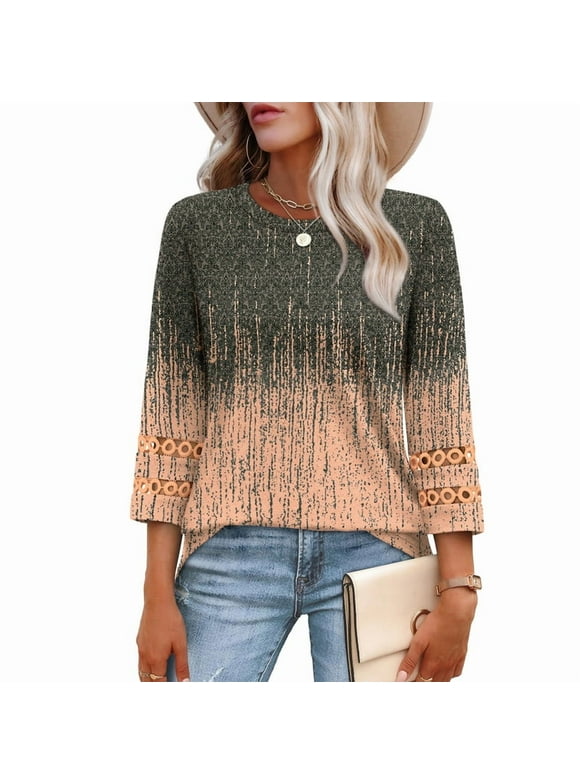 Womens 3/4 Sleeve Tops Ladies Blouses Crew Neck T Shirts for Women Loose Fit Tunic Tops
