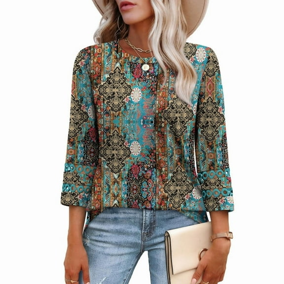 Ronuti Womens 3/4 Sleeve Tops Ladies Blouses Crew Neck T Shirts for Women Loose Fit Tunic Tops