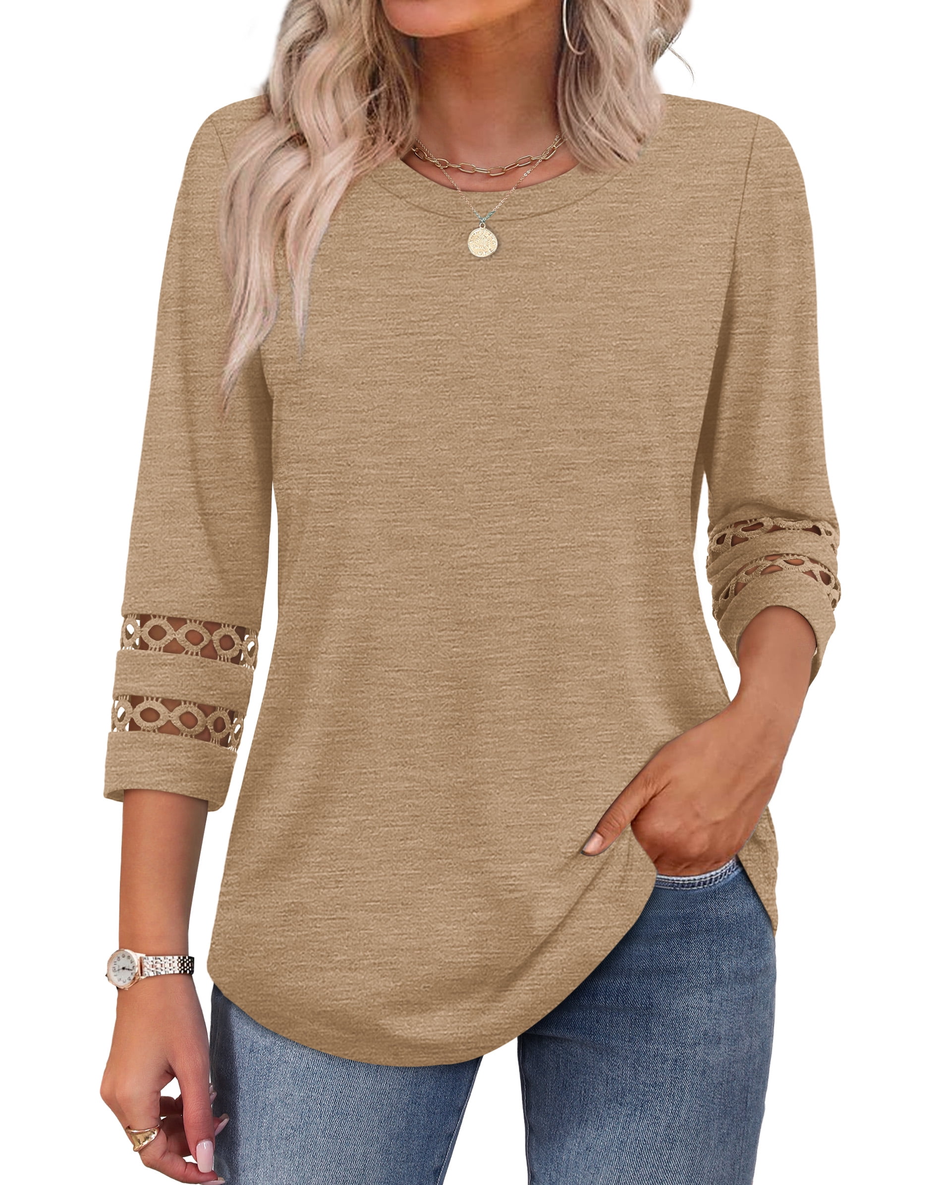 Ronuti Womens 3 4 Sleeve Tops Ladies Blouses Crew Neck T Shirts for Women Loose Fit Tunic Tops