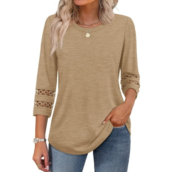 Ronuti Womens 3/4 Sleeve Tops Ladies Blouses Crew Neck T Shirts for Women Loose Fit Tunic Tops
