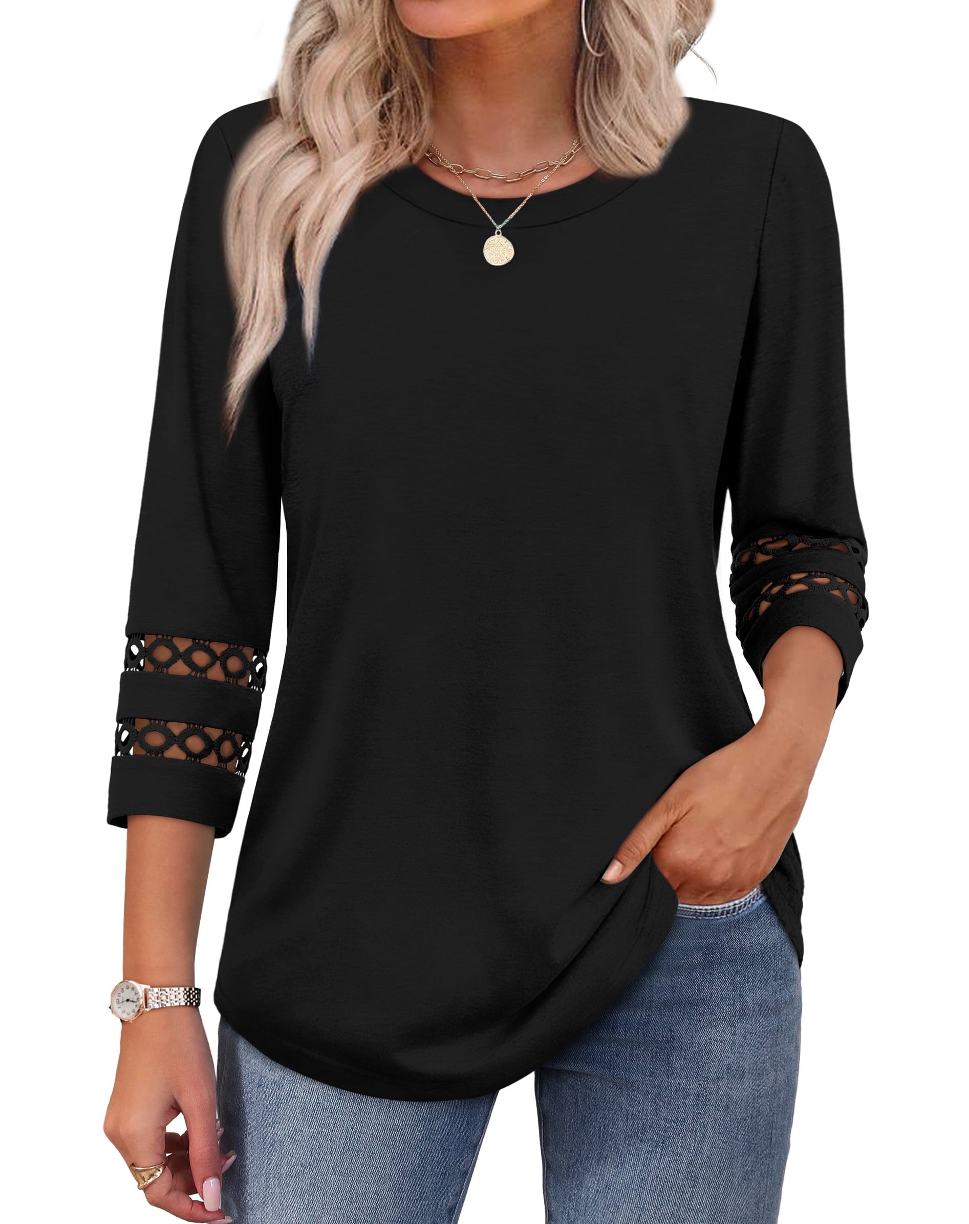 Ronuti Womens 3 4 Sleeve Tops Ladies Blouses Crew Neck T Shirts for Women Loose Fit Tunic Tops