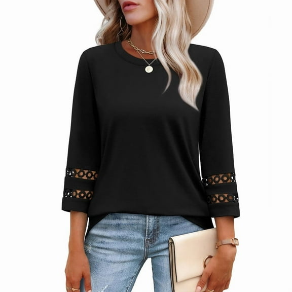 Ronuti Womens 3/4 Sleeve Tops Ladies Blouses Crew Neck T Shirts for Women Loose Fit Tunic Tops