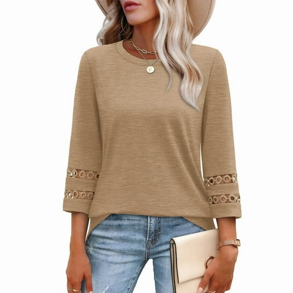 Ronuti Womens 3/4 Sleeve Tops Ladies Blouses Crew Neck T Shirts for Women Loose Fit Tunic Tops