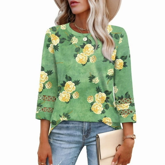Ronuti Womens 3/4 Sleeve Tops Ladies Blouses Crew Neck T Shirts for Women Loose Fit Tunic Tops