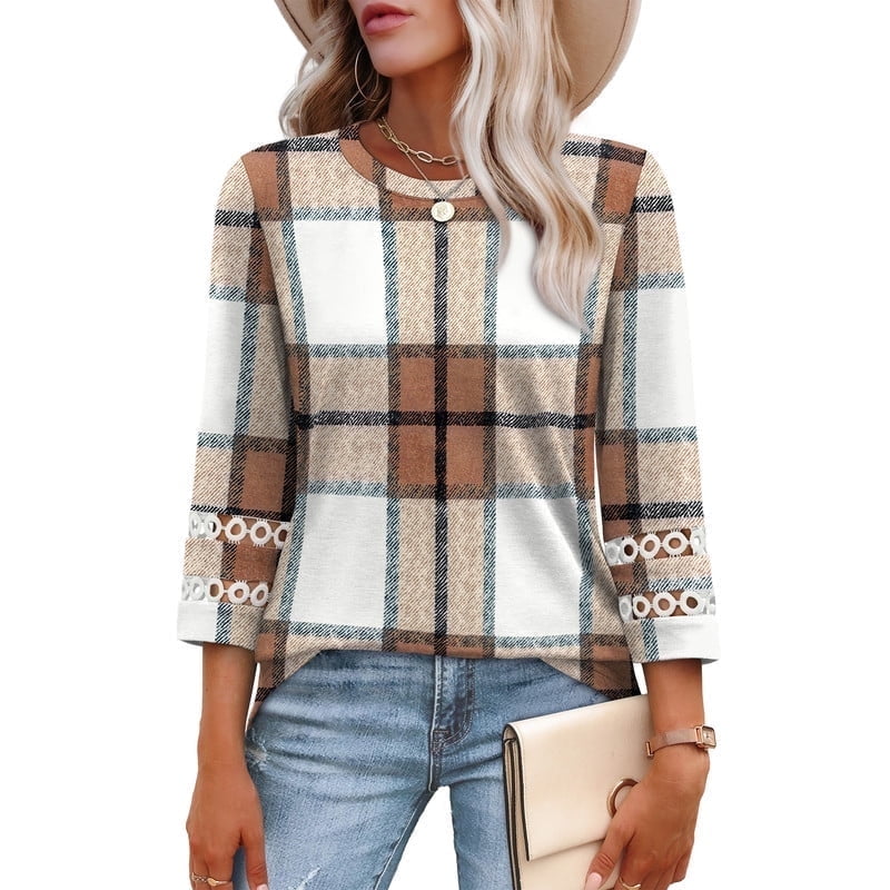 Ronuti Womens 3 4 Sleeve Tops Ladies Blouses Crew Neck T Shirts for Women Loose Fit Tunic Tops