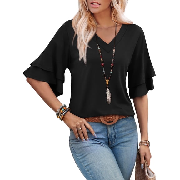 Ronuti Womens Blouses Ruffle Sleeve Top V Neck Shirts Casual Outfit Bell Sleeve Cute Tee Spring Summer Fashion Clothes