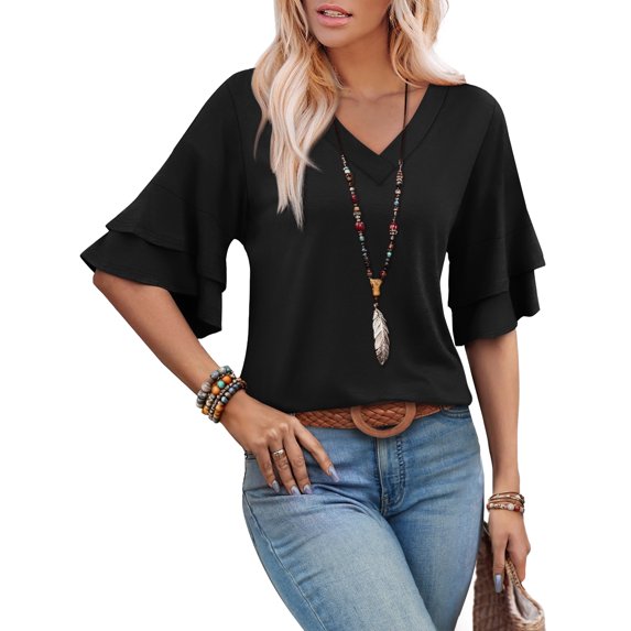 Ronuti Womens Blouses Ruffle Sleeve Top V Neck Shirts Casual Outfit Bell Sleeve Cute Tee Spring Summer Fashion Clothes