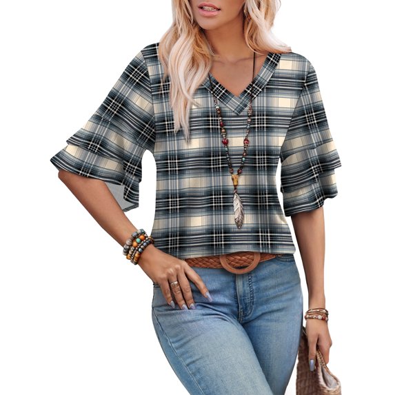 Ronuti Womens Blouses Ruffle Sleeve Top V Neck Shirts Casual Outfit Bell Sleeve Cute Tee Spring Summer Fashion Clothes
