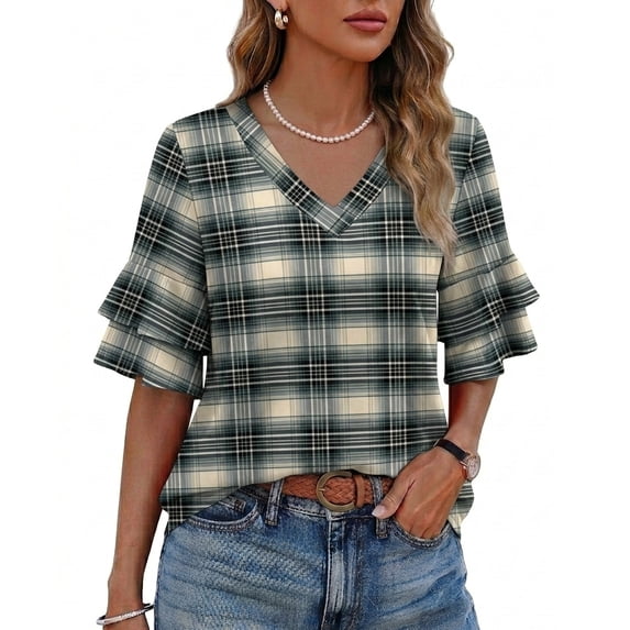 Ronuti Womens Blouses Ruffle Sleeve Top V Neck Shirts Casual Outfit Bell Sleeve Cute Tee Spring Summer Fashion Clothes