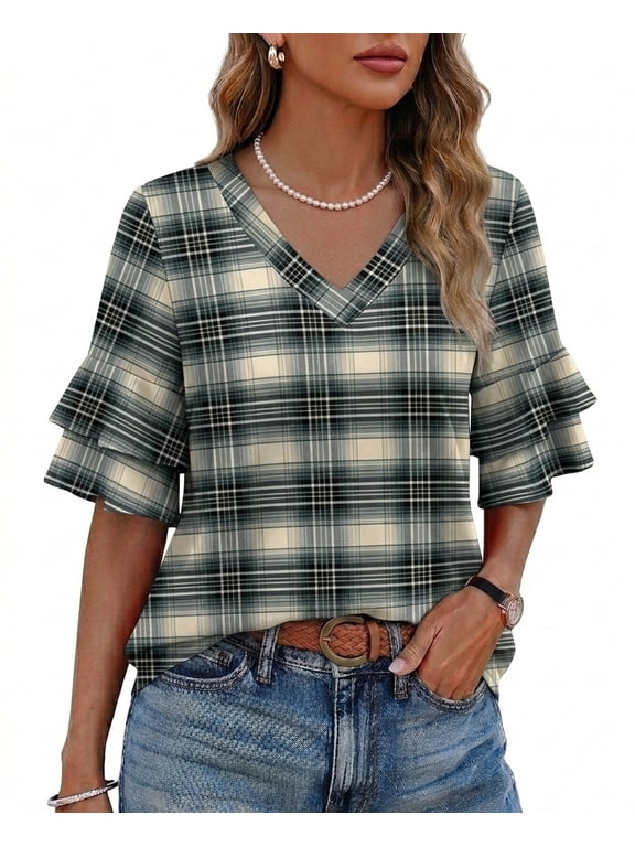 Womens Blouses Ruffle Sleeve Top V Neck Shirts Casual Outfit Bell Sleeve Cute Tee Spring Summer Fashion Clothes