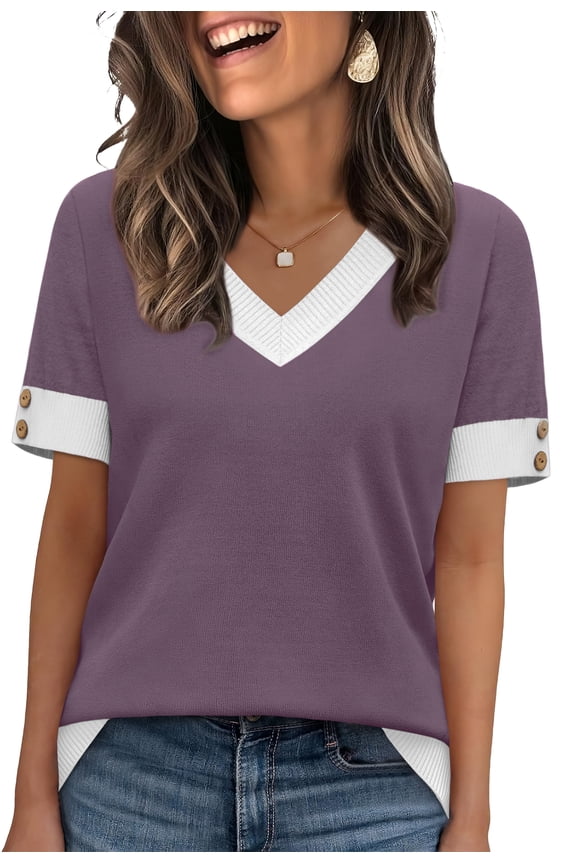 Womens Short Sleeve Sweaters Lightweight Knit Tops Summer Shirts with Buttons Trendy