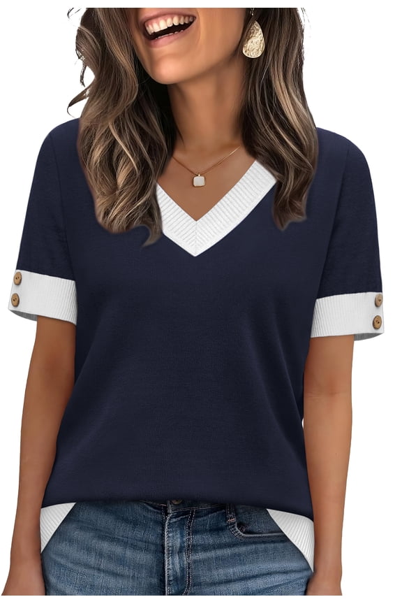 Womens Short Sleeve Sweaters Lightweight Knit Tops Summer Shirts with Buttons Trendy
