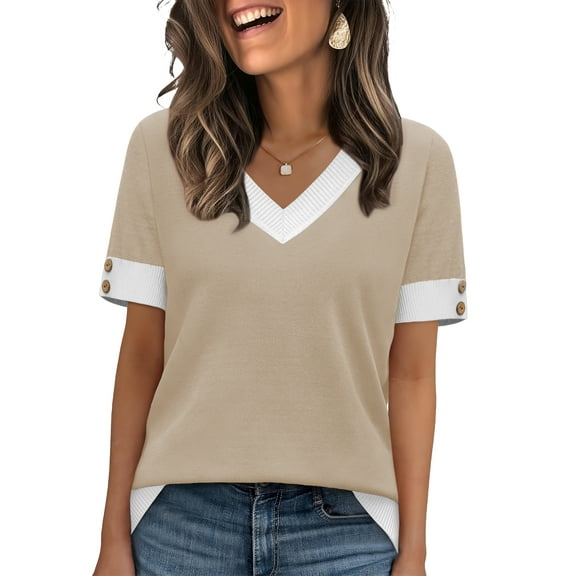 Ronuti Womens Short Sleeve Sweaters Lightweight Knit Tops Summer Shirts with Buttons Trendy