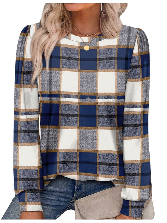 Womens Long Sleeve Shirts Crewneck Tunic Tops Fall Casual Blouses Checkered-Blue