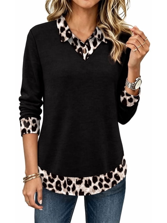 Womens Polo Shirts Long Sleeve Tunic Tops Fall Fashion Clothing Blue Stripe Black Leopard