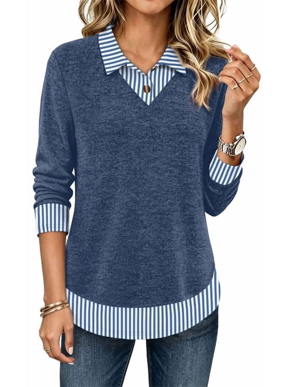 Womens Polo Shirts Long Sleeve Tunic Tops Fall Fashion Clothing Blue Stripe