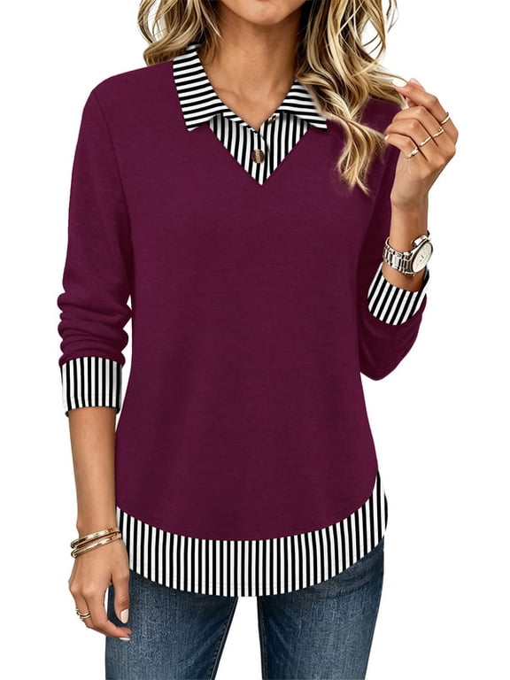 Womens Polo Shirts Long Sleeve Tunic Tops Fall Fashion Clothing Burgundy Stripe