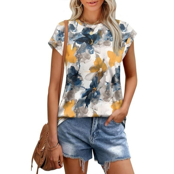 Ronuti Womens Printed Style Tops Short Sleeve Shirts Crew Neck Cute Trendy Basic Tunic