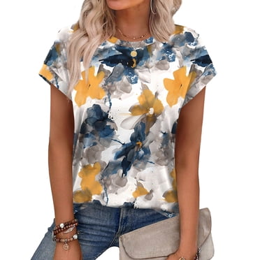 Ronuti Womens Summer Tops Short Sleeve T-Shirts Crew Neck Cute Trendy T-shirts Printed Style Tops