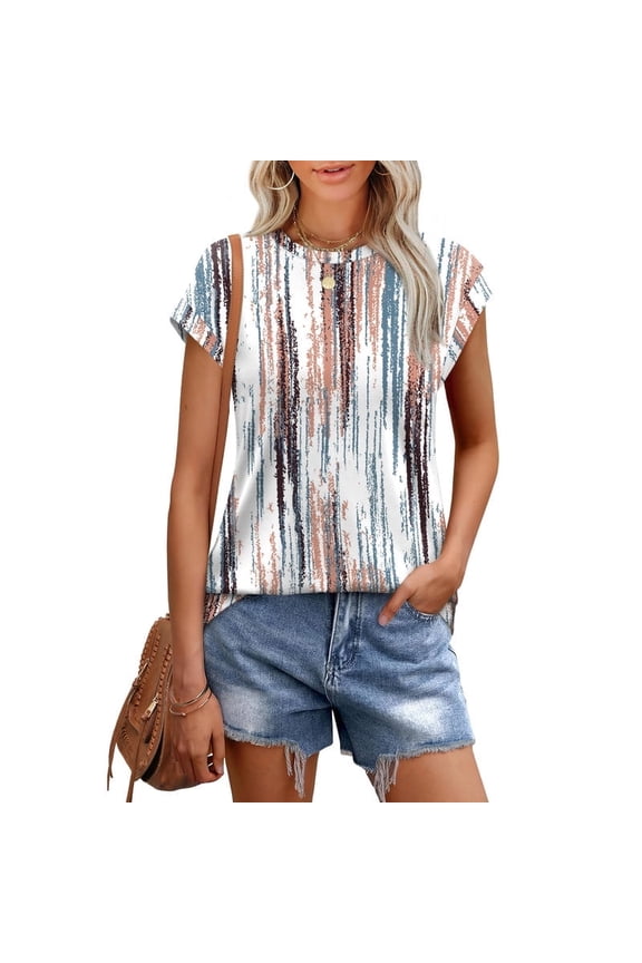 Womens Printed Style Tops Short Sleeve Shirts Crew Neck Cute Trendy Basic Tunic