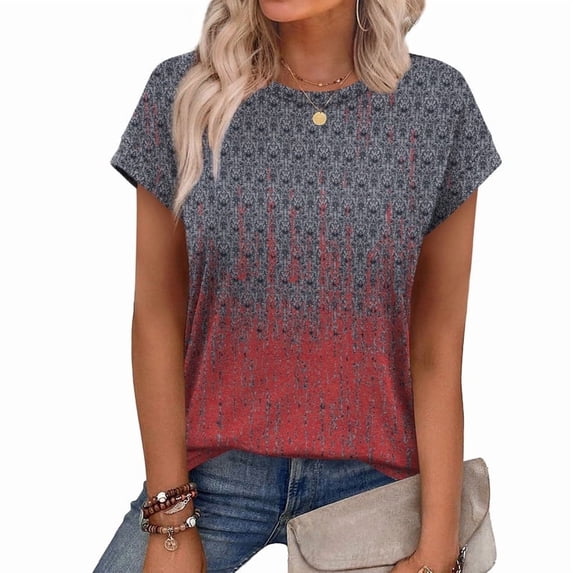 Ronuti Womens Summer Tops Short Sleeve T-Shirts Crew Neck Cute Trendy T-shirts Printed Style Tops