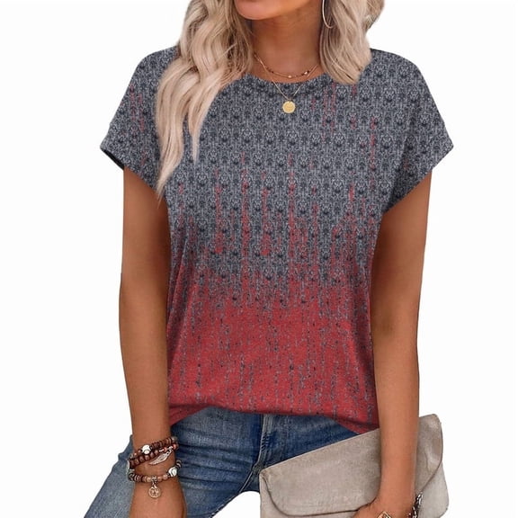 Ronuti Womens Summer Tops Short Sleeve T-Shirts Crew Neck Cute Trendy T-shirts Printed Style Tops