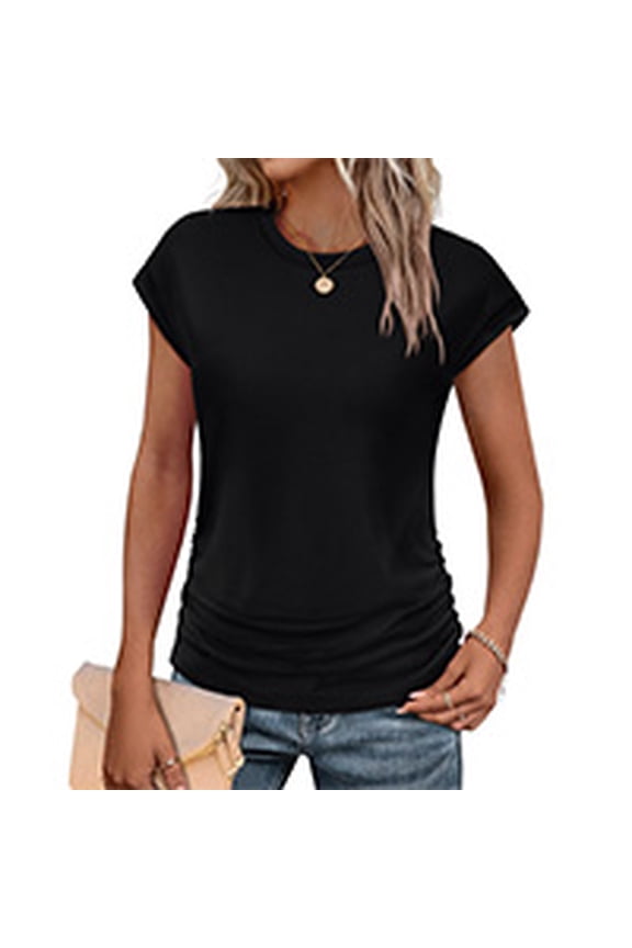 Womens Short Sleeve Tshirts Crew Neck Shirts with Side Shirring Basic Tops for Innerwear or Summer T-shirts