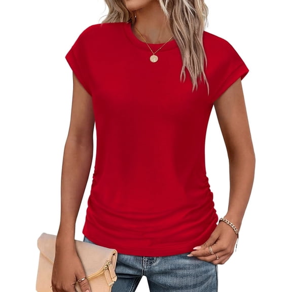 Ronuti Womens Short Sleeve Tshirts Crew Neck Shirts with Side Shirring Basic Tops for Innerwear or Summer T-shirts