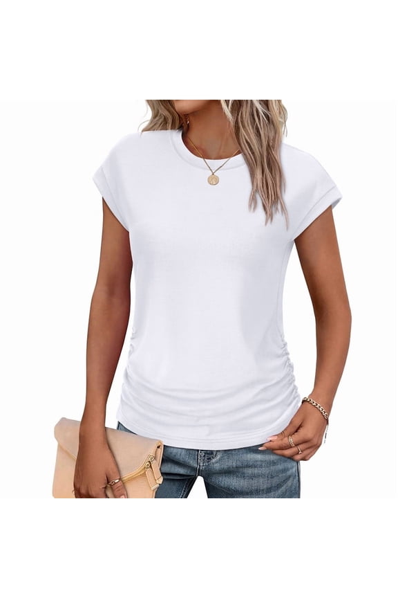 Womens Short Sleeve Tshirts Crew Neck Shirts with Side Shirring Basic Tops for Innerwear or Summer T-shirts