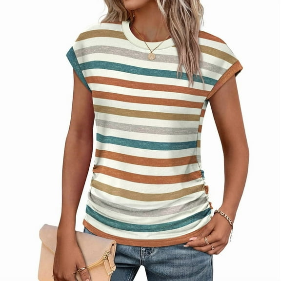 Ronuti Womens Short Sleeve Tshirts Crew Neck Shirts with Side Shirring Basic Tops for Innerwear or Summer T-shirts