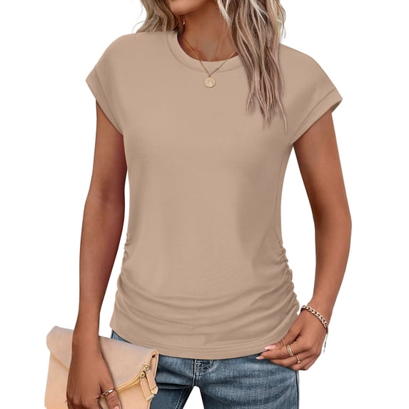 Ronuti Womens Short Sleeve Tshirts Crew Neck Womens T-shirts with Side Shirring Cruise Clothes for Women Summer Beige T-shirts