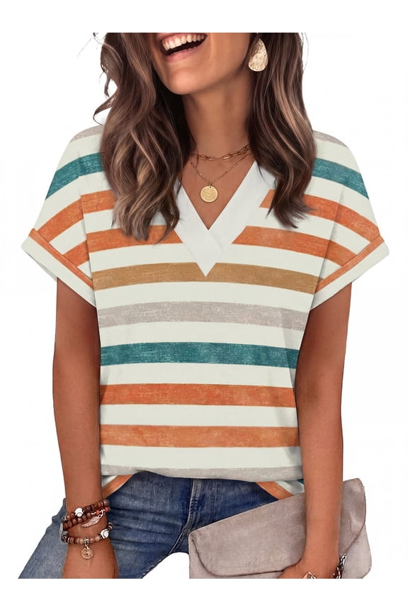 Womens Summer Tops Short Rolled Sleeve Shirts 2026 Fashion V Neck Clothes