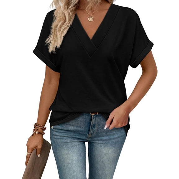 Ronuti Womens Summer Tops Short Rolled Sleeve Shirts 2026 Fashion V Neck Clothes