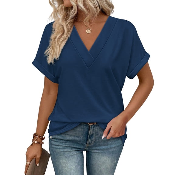 Ronuti Womens Summer Tops Short Rolled Sleeve Shirts 2026 Fashion V Neck Clothes