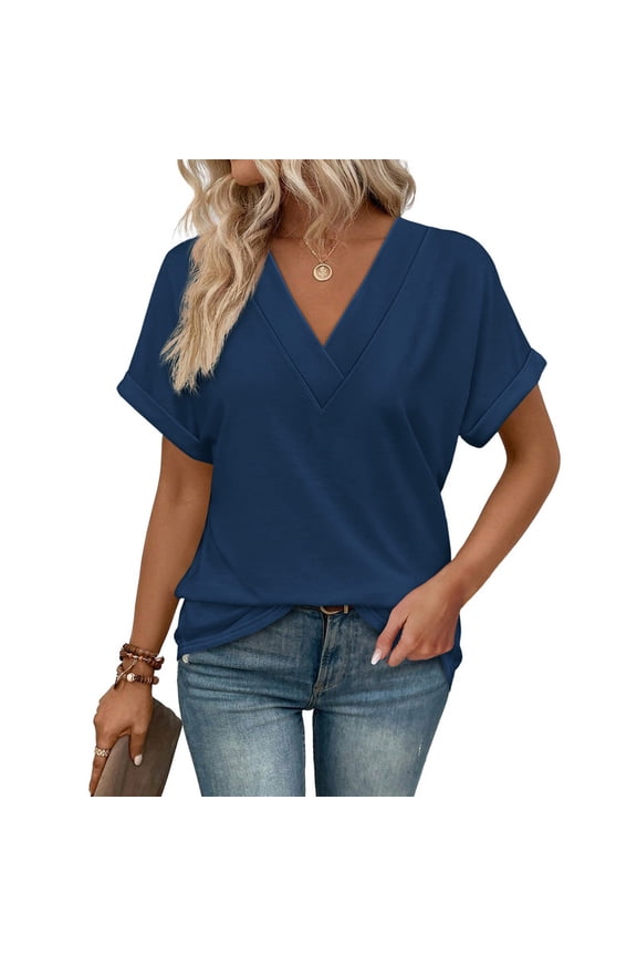 Womens Summer Tops Short Rolled Sleeve Shirts 2026 Fashion V Neck Clothes