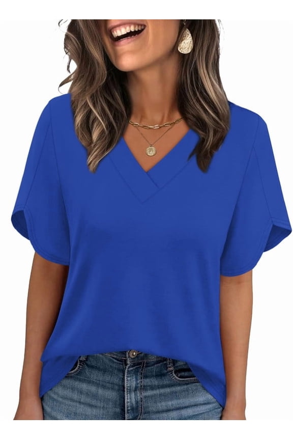 Womens Summer Tops Short Petal Sleeve Shirts Fashion V Neck Womens Clothing Dark Blue