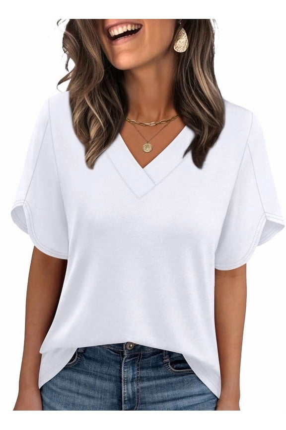 Womens Summer Tops Short Petal Sleeve Shirts Fashion V Neck Womens Clothing White