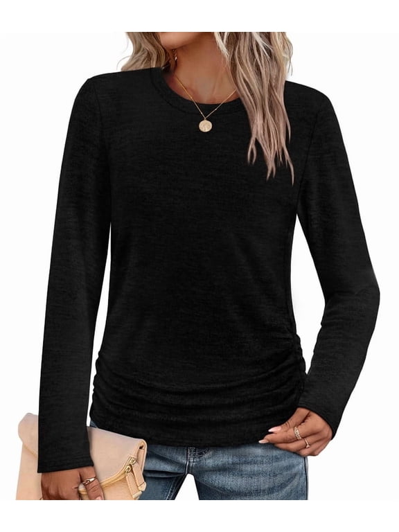 Womens Sweaters Long Sleeve Shirts Fall Fashion 2026 Trendy Tops Ruched Outfits Winter Clothing Black Shirts