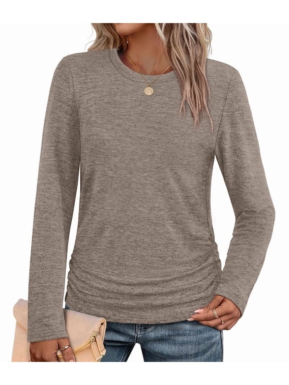 Womens Sweaters Long Sleeve Shirts Fall Fashion 2026 Trendy Tops Ruched Outfits Winter Clothing Brown Shirts