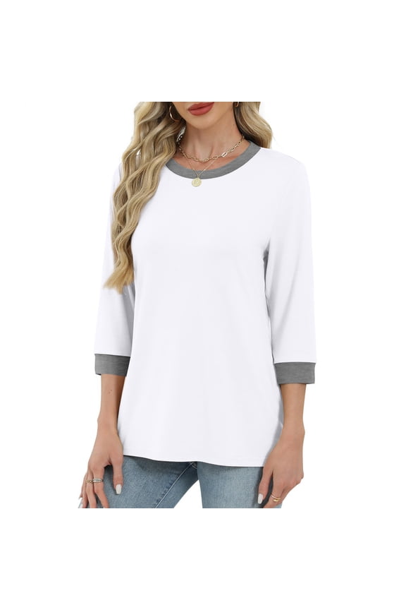 Womens T Shirts 3/4 Length Sleeve Womens Tops Dressy Casual Crew Neck Color Block Tunic Tops