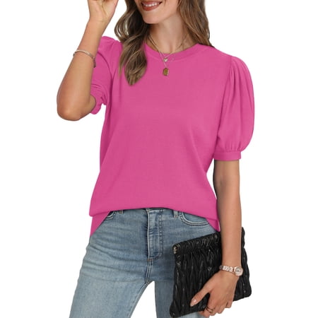 Ronuti Women's Puff Short Sleeve Sweater Tops 2026 Summer Fall Trendy Knit Crew Neck Casual T Shirts Blouses