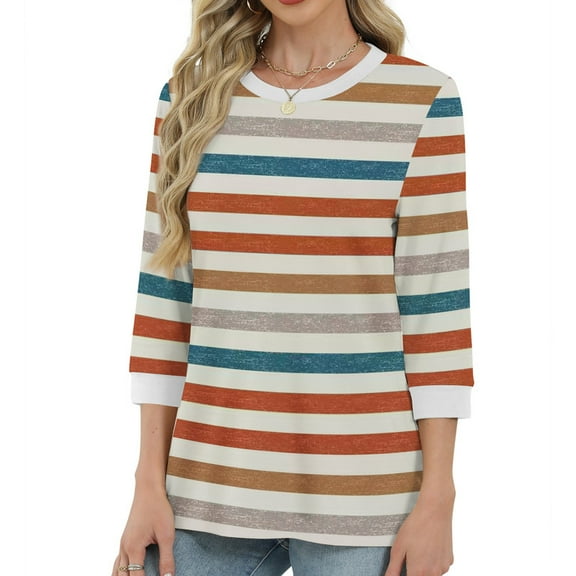 Ronuti Womens T Shirts 3/4 Length Sleeve Womens Tops Dressy Casual Crew Neck Color Block Tunic Tops