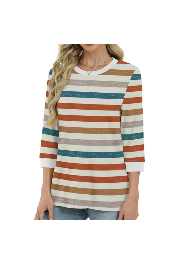 Womens T Shirts 3/4 Length Sleeve Womens Tops Dressy Casual Crew Neck Color Block Tunic Tops