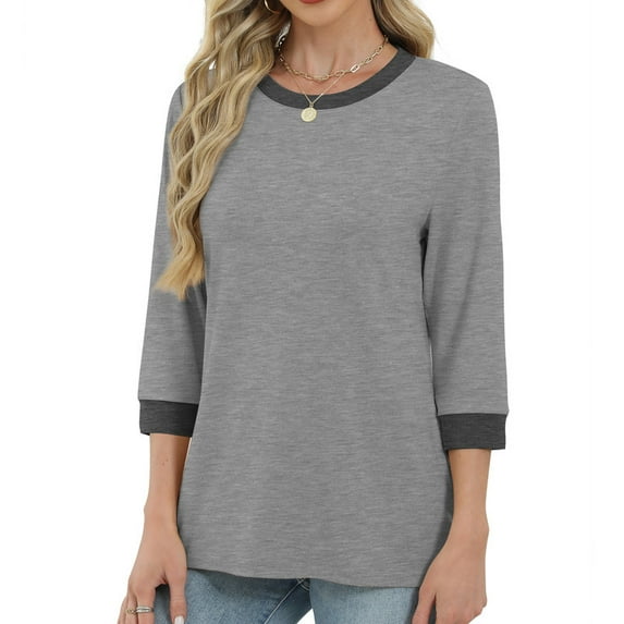 Ronuti Womens T Shirts 3/4 Length Sleeve Womens Tops Dressy Casual Crew Neck Color Block Tunic Tops