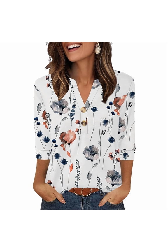 Womens T-shirts 3/4 Sleeve Henley Tops for Women Ladies Premium Printed T-shirt Solid color Tops