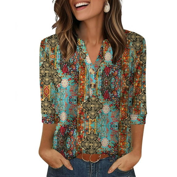 Ronuti Womens Tops 3/4 Sleeve Henley Tops for Women Ladies Premium Printed T-shirt Solid color Tops