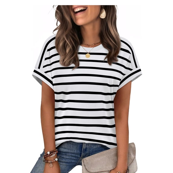 Ronuti Womens Tshirts Short Sleeve Fashion Shirts Summer Tops Fashion Womens Clothes Womens Striped Tshirt