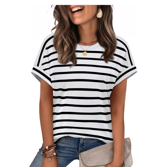 Ronuti Womens Tshirts Short Sleeve Fashion Shirts Summer Tops Fashion Womens Clothes Womens Striped Tshirt