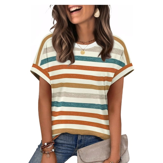 Ronuti Womens Tshirts Short Sleeve Fashion Shirts Summer Tops Fashion Womens Clothes Womens Striped Tshirt